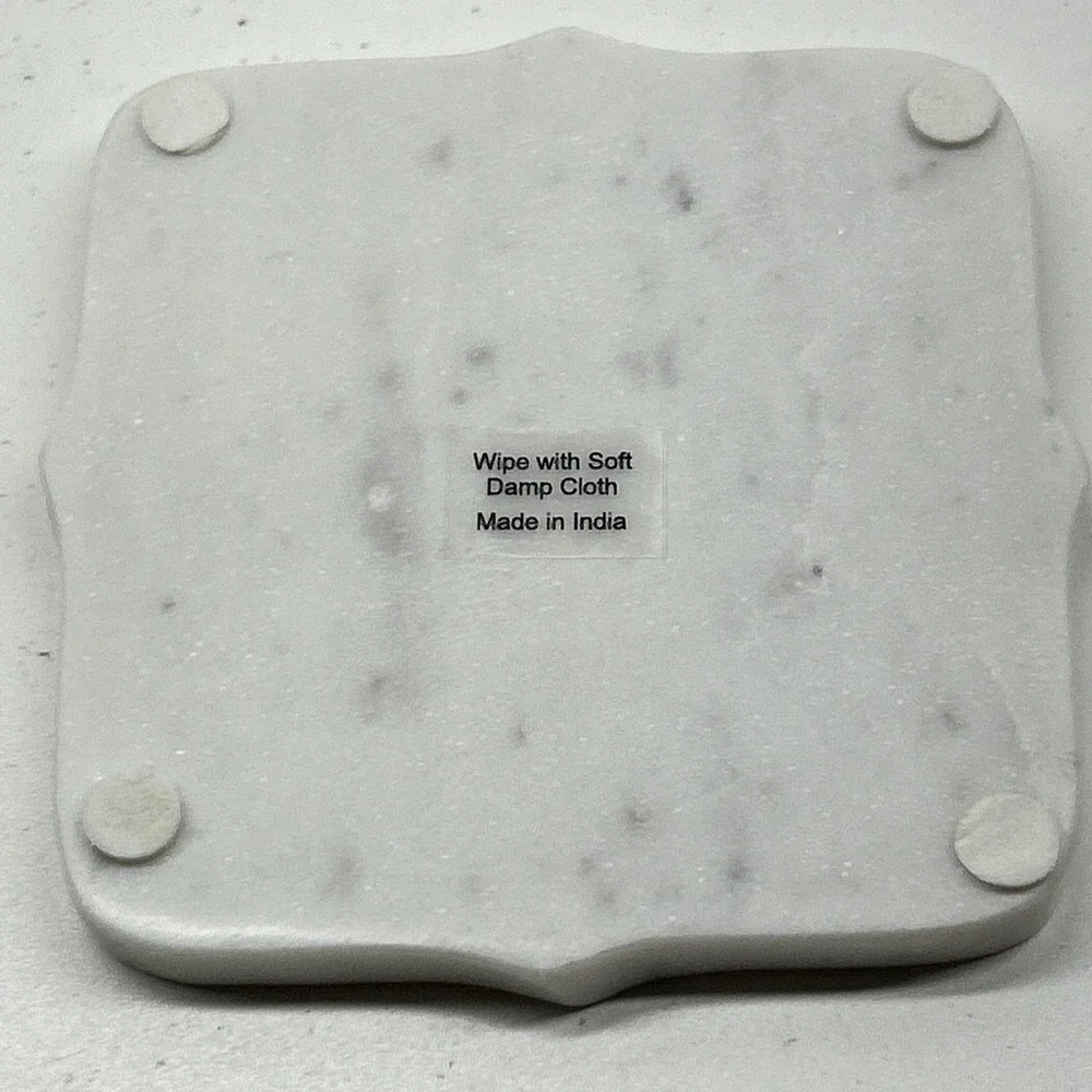 Vintage Set of 4 White Marble Coasters Scalloped Edges Square Drink Holder